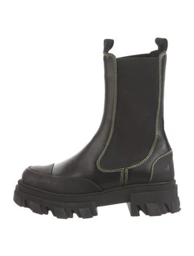 Pre-owned Ganni Leather Grosgrain Trim Chelsea Boots In Black