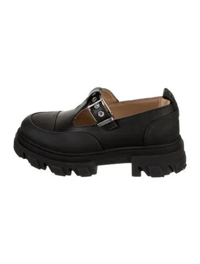 Pre-owned Ganni Leather Mary Jane Flats In Black