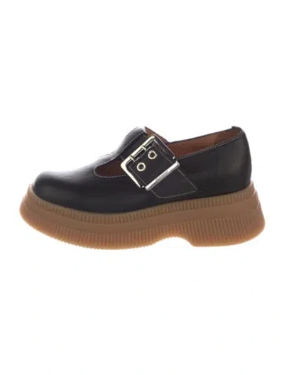 Pre-owned Ganni Leather Mary Jane Flats In Black