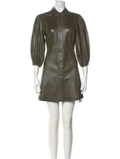 Pre-owned Ganni Leather Mini Dress In Green