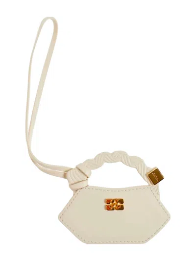 Ganni Leather Mini Pochette Keychain With Mirror In Bianco
