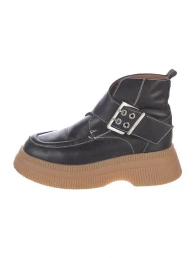 Pre-owned Ganni Leather Moto Boots In Black
