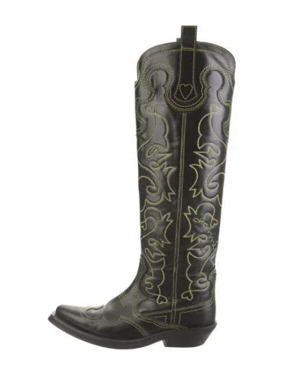 Pre-owned Ganni Leather Patterned Riding Boots In Green