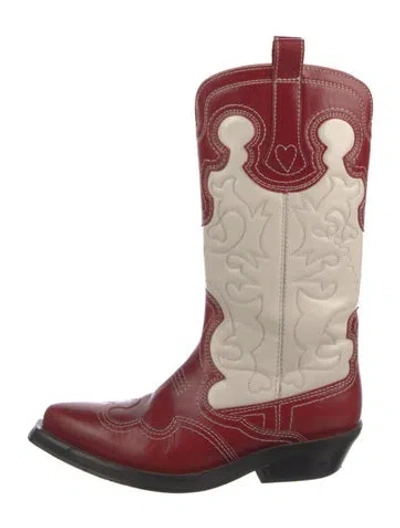 Pre-owned Ganni Leather Printed Western Boots In Red