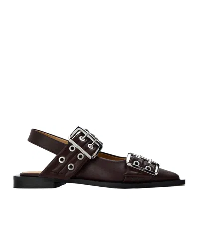 Ganni Leather Slingback Flat Mules In Burgundy