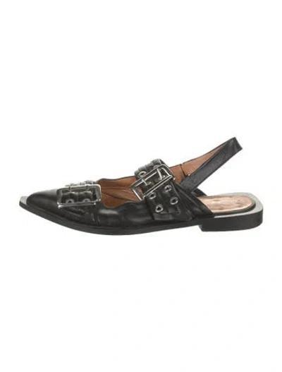 Pre-owned Ganni Leather Slingback Flats In Black