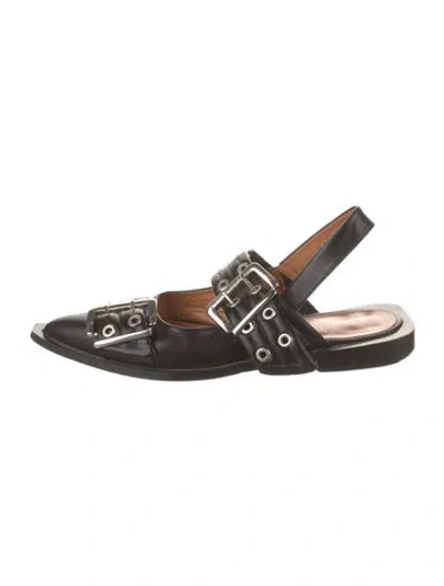 Pre-owned Ganni Leather Slingback Flats In Black