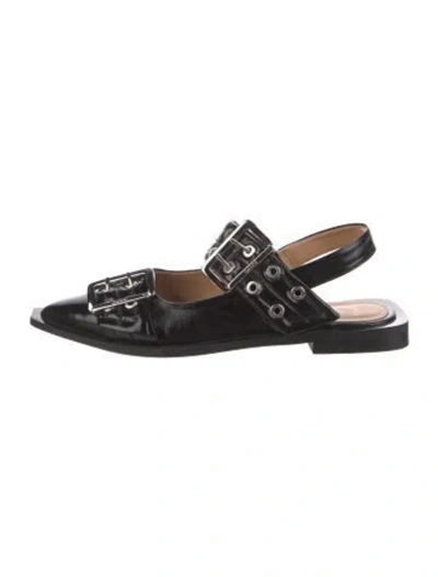 Pre-owned Ganni Leather Slingback Flats In Black