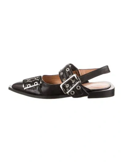 Pre-owned Ganni Leather Slingback Flats In Black