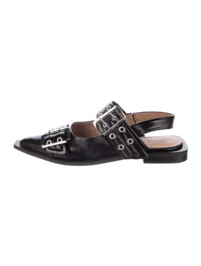 Pre-owned Ganni Leather Slingback Flats In Black