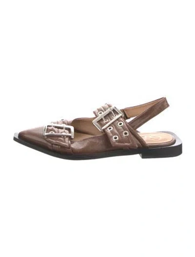 Pre-owned Ganni Leather Slingback Flats In Brown