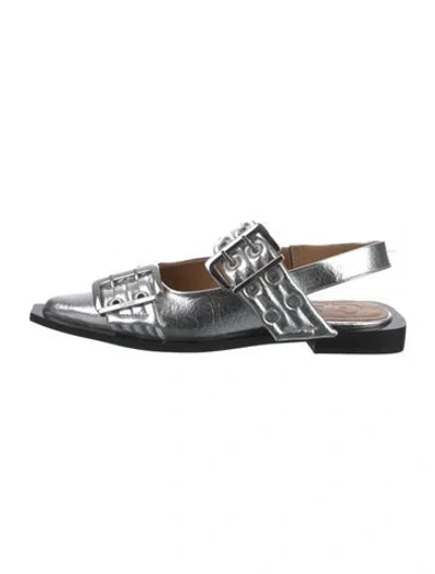 Pre-owned Ganni Leather Slingback Flats In Silver