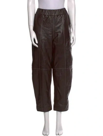 Pre-owned Ganni Leather Straight Leg Pants In Brown