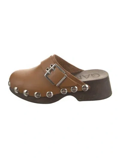 Pre-owned Ganni Leather Studded Accents Mules In Brown