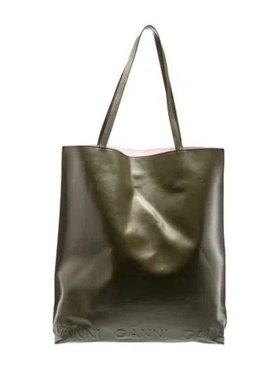 Pre-owned Ganni Leather Tote In Green