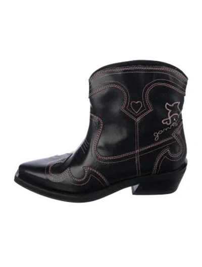 Pre-owned Ganni Leather Western Boots In Black