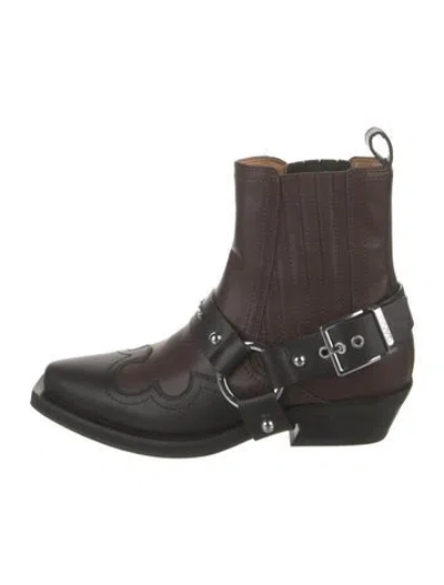 Pre-owned Ganni Leather Western Boots In Brown