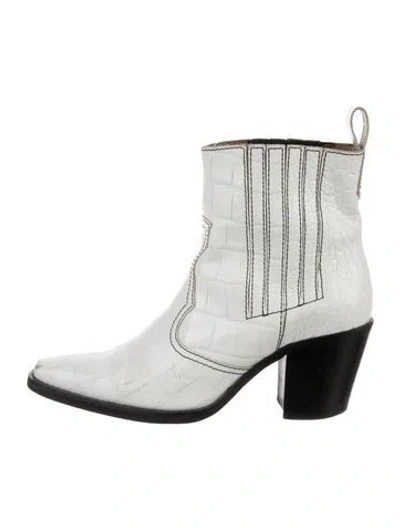 Pre-owned Ganni Leather Western Boots In White