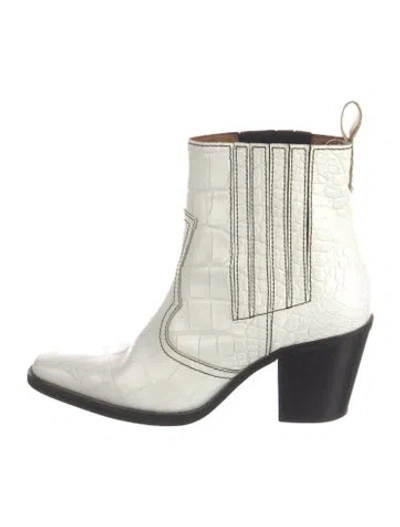 Pre-owned Ganni Leather Western Boots In White