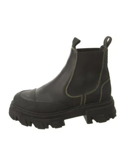 Pre-owned Ganni Leather Whipstitch Trim Chelsea Boots In Green