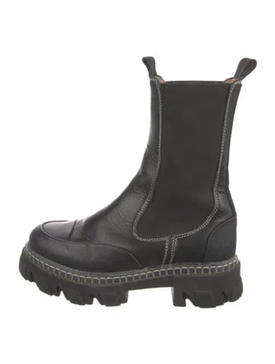 Pre-owned Ganni Leather Whipstitch Trim Lace-up Boots In Black