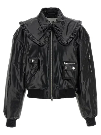 Ganni Leather-effect Bomber Jacket In Black