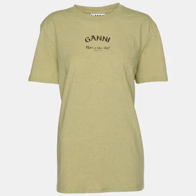 Pre-owned Ganni Leek Yellow Logo Print T-shirt L In Green