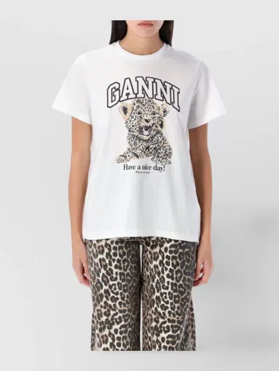 Ganni Leo Crew Neck Graphic Print T-shirt In White