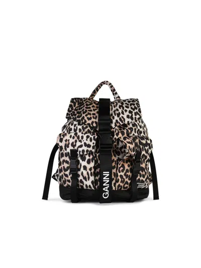 Ganni 'leo' Multicolor Recycled Polyester Backpack In Brown