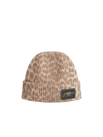 Ganni 'leo' Multicolored Wool Blend Beanie In Brown