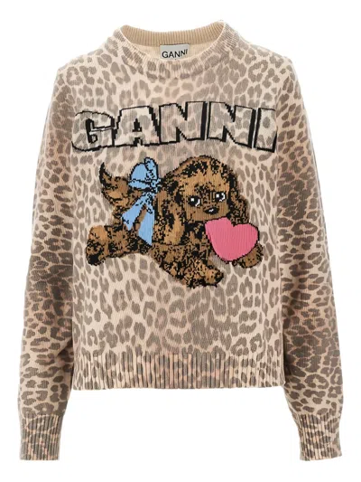 Ganni Leopard Appliqué Sweater In Brown