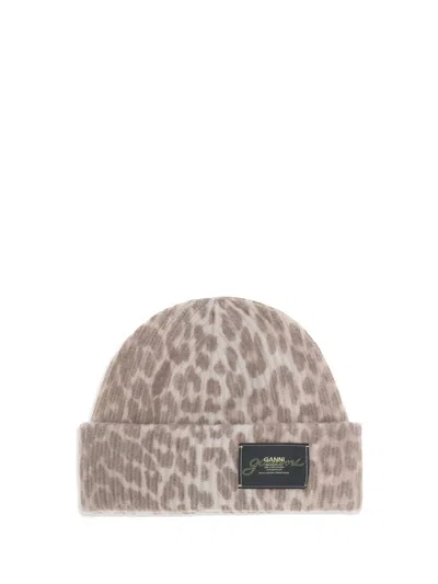 Ganni Womens Leopard Graphic Print Wool Blend Beanie In Brown