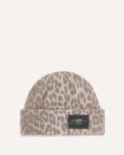 Ganni Leopard Beanie Hat In Sand
