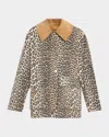Ganni Long Sleeve Animal Print Jacket With Wide Collar In Almond Milk