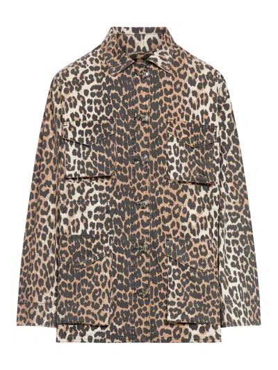 GANNI LEOPARD COTTON CANVAS JACKET