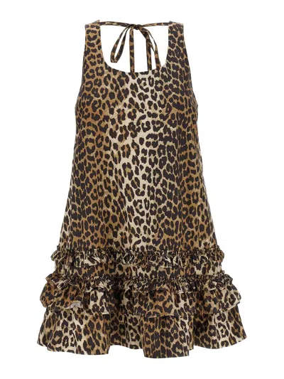 GANNI LEOPARD COTTON POPLIN MINI DRESS