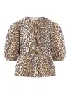 Ganni Multicolor Blouse With Front Tie Closure And All-over Leopard Motif In Cotton Woman In Multicolour