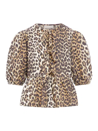 GANNI LEOPARD COTTON POPLIN PEPLUM TIE BLOUSE