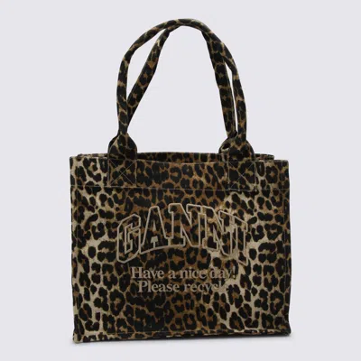 Ganni Leopard Cotton Tote In Brown