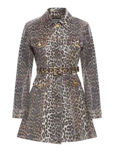 Ganni Leopard Denim Dress In Multicolor