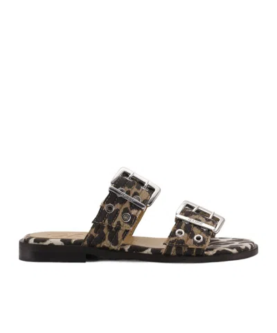GANNI GANNI LEOPARD DENIM FEMININE BUCKLE TWO-STRAP SANDALS
