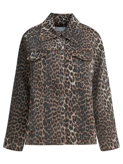 Ganni Leopard Denim Jacket Jackets Brown