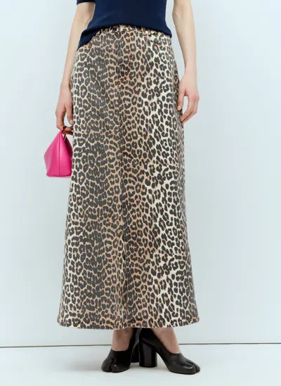 Ganni Leopard-print Denim Maxi Skirt In Brown