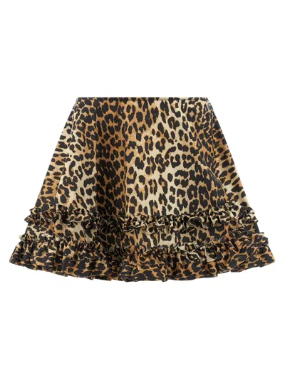 Ganni Leopard Duchesse Nylon Mini Frill Skirts Brown In Animal Print
