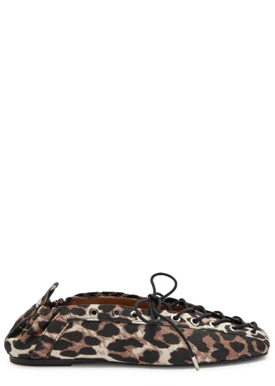 GANNI GANNI LEOPARD EYELET-EMBELLISHED CANVAS BALLET FLATS