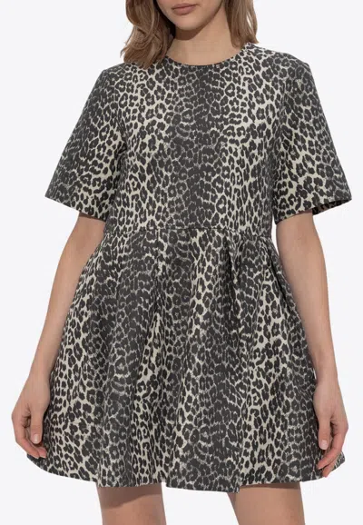 Ganni Leopard Flared Mini Dress In Multi