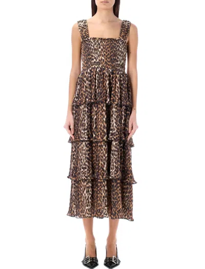 GANNI LEOPARD FLOUNCE LONG DRESS IN 100% RECYCLED POLYESTER FOR SS24
