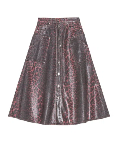 Ganni Leopard Foil Denim Midi Skirt In Red