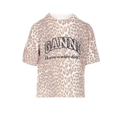 Ganni Leopard Wool T-shirt In Brown