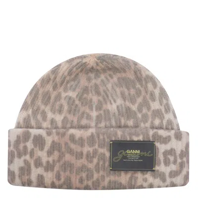Ganni Womens Leopard Graphic Print Wool Blend Beanie In Brown